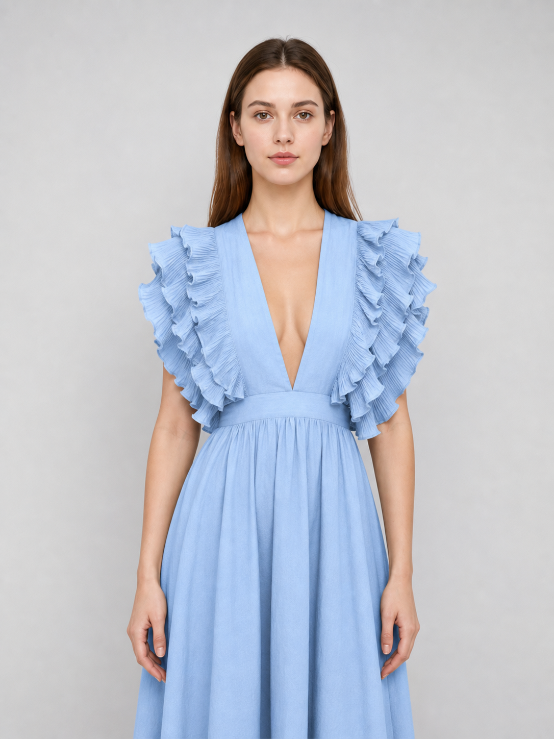 Light Blue Maxi Dress with a Plunging V-Neckline