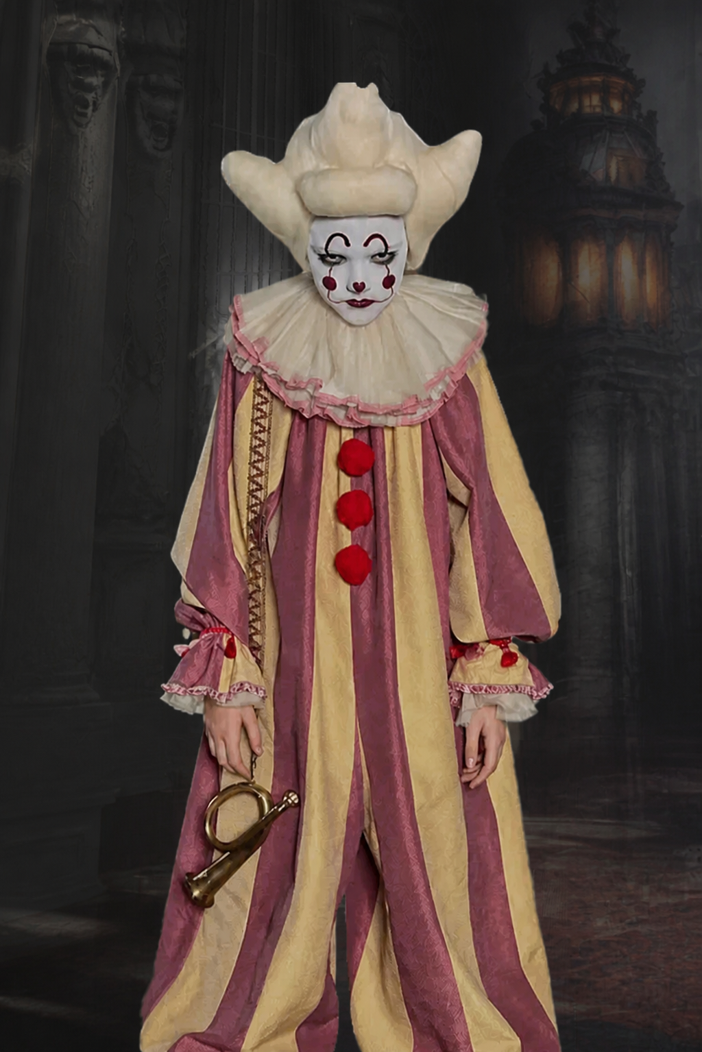 Striped Carnival Clown Jumpsuit with Pom-Poms Costumes detail 3