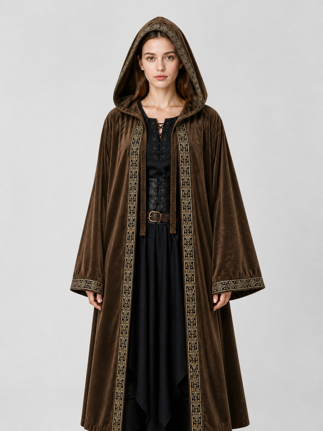Long Hooded Robe, Brown, Loose Fit product detail 3
