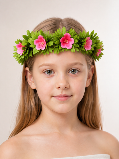 Carnival Headband with Pink Flowers and Green Leaves Costume Headwear detail 2