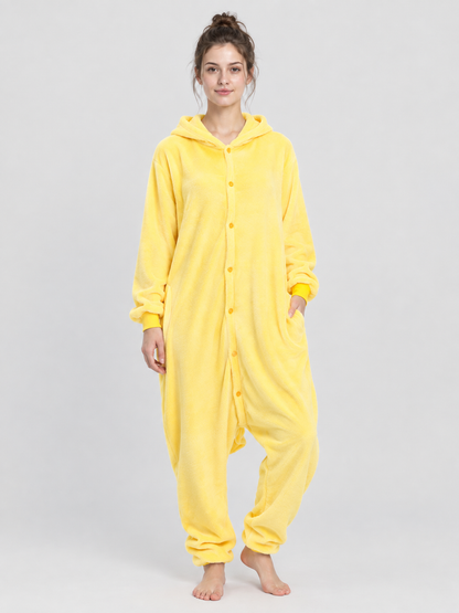 Yellow Hooded Pajama Jumpsuit with Long Sleeves