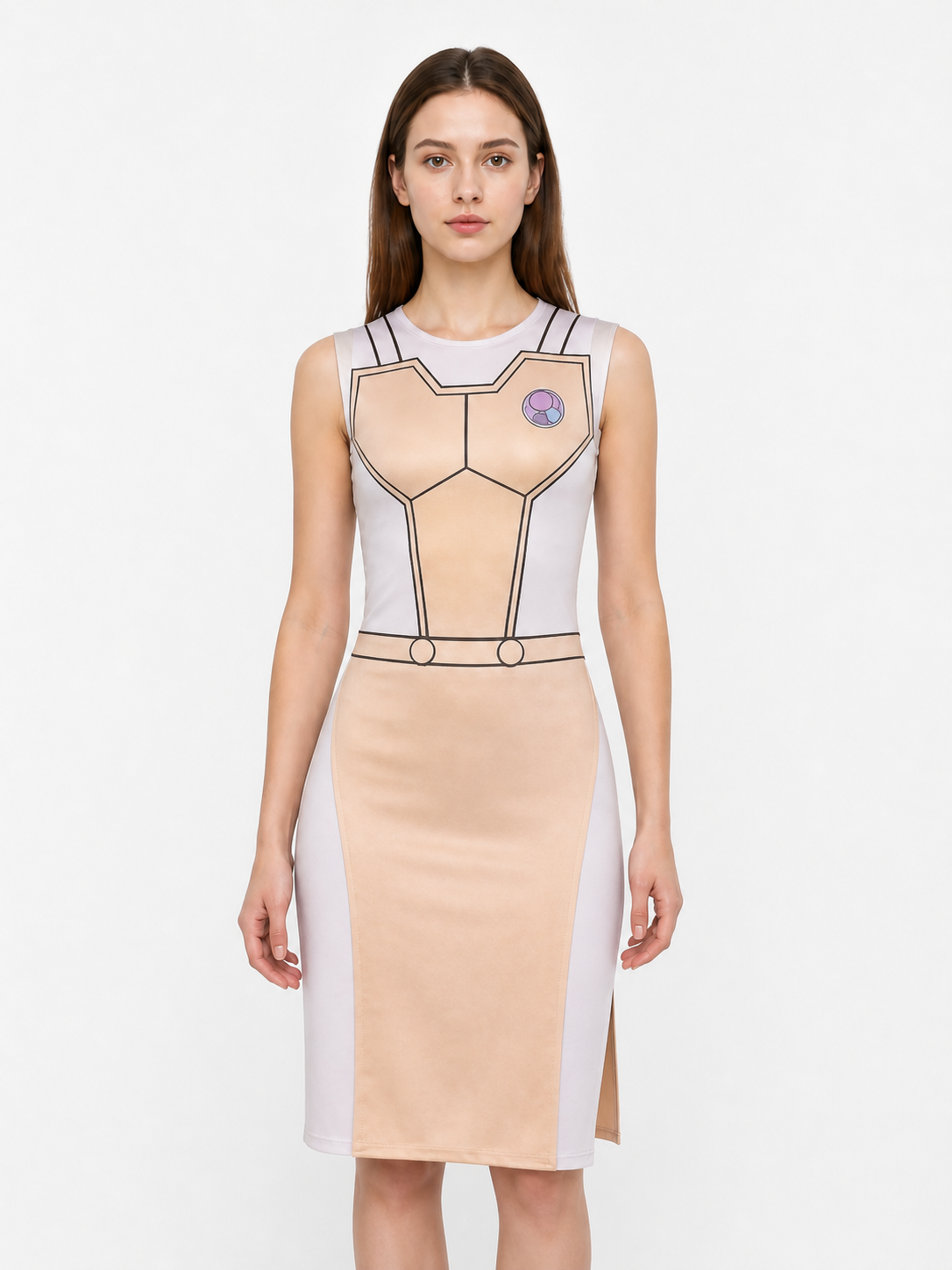 Beige Sleeveless Dress with Geometric Print Costume Dresses detail 2