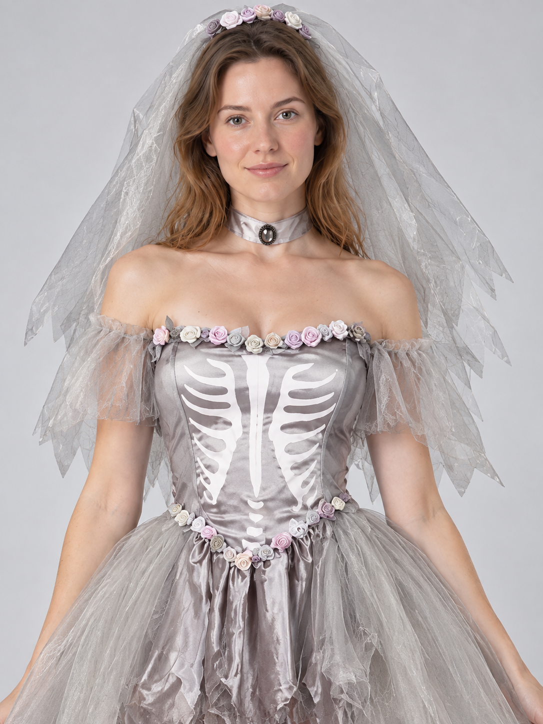 Gray Tulle Skeleton Costume with Veil