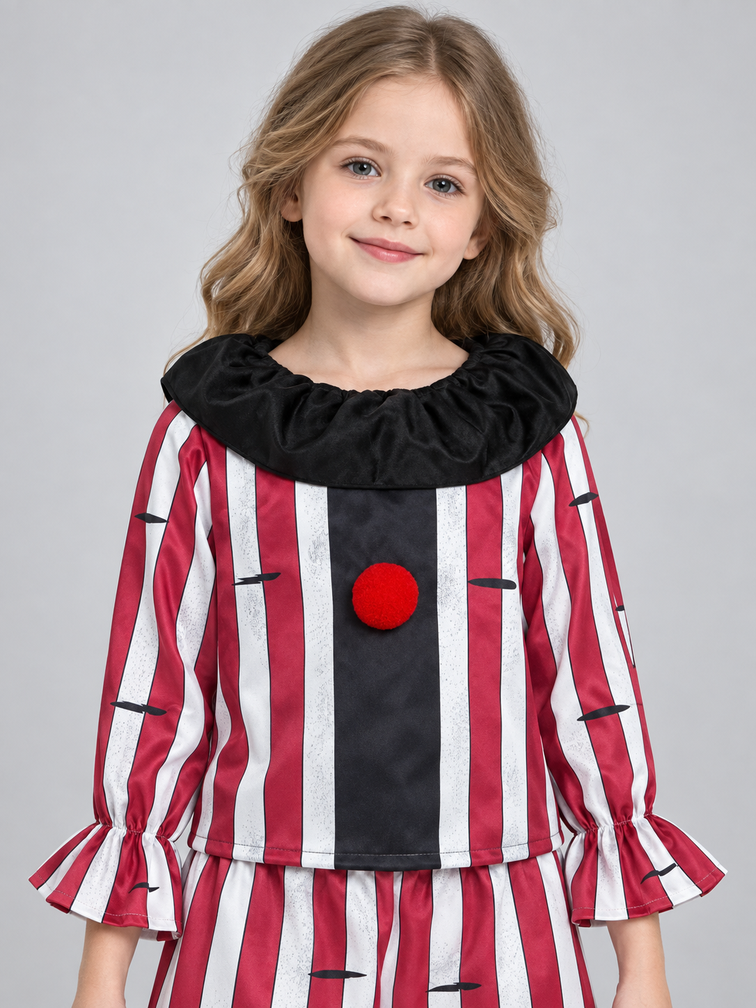 Red and white clown costume with black collar and pompom