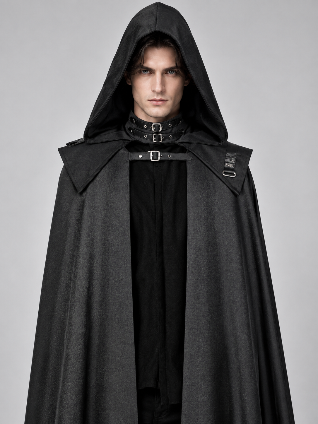 Black Long Hooded Cloak with Buckles