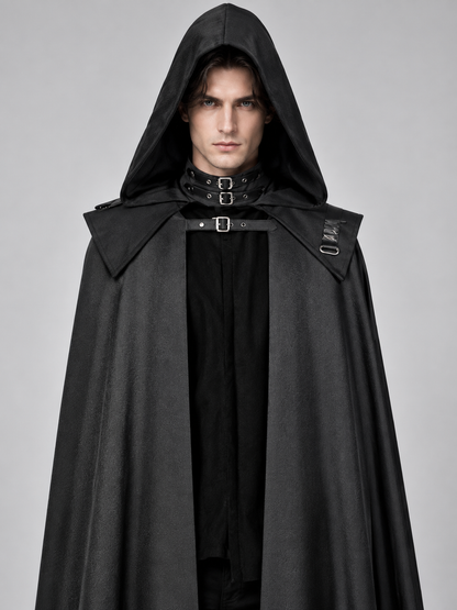 Black Long Hooded Cloak with Buckles