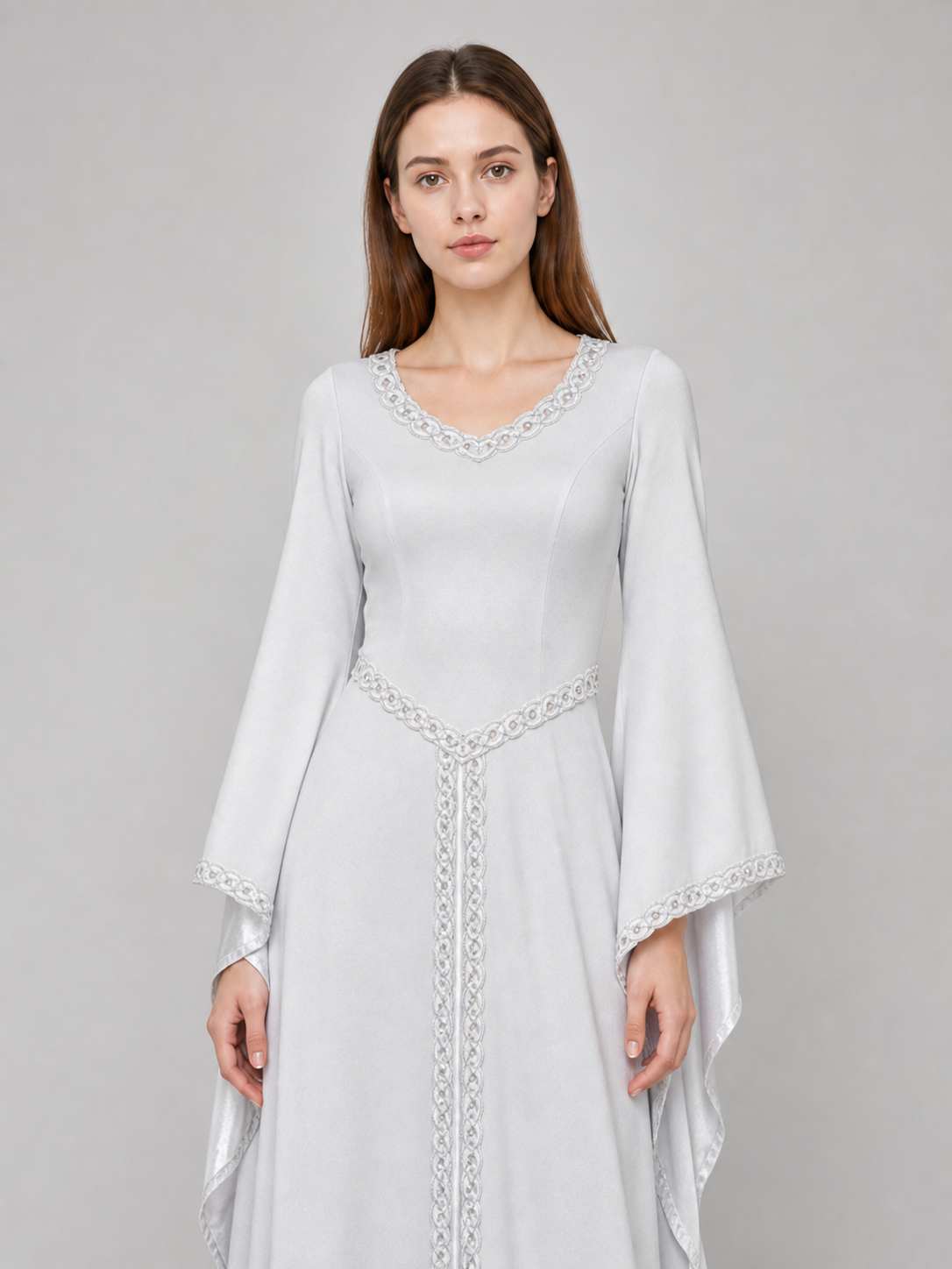 White Maxi Dress with Embroidery and Flared Sleeves