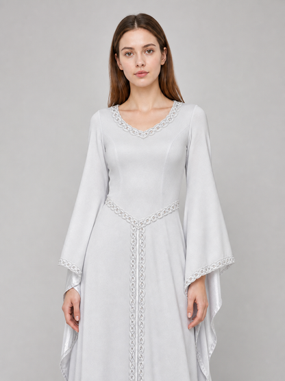White Maxi Dress with Embroidery and Flared Sleeves