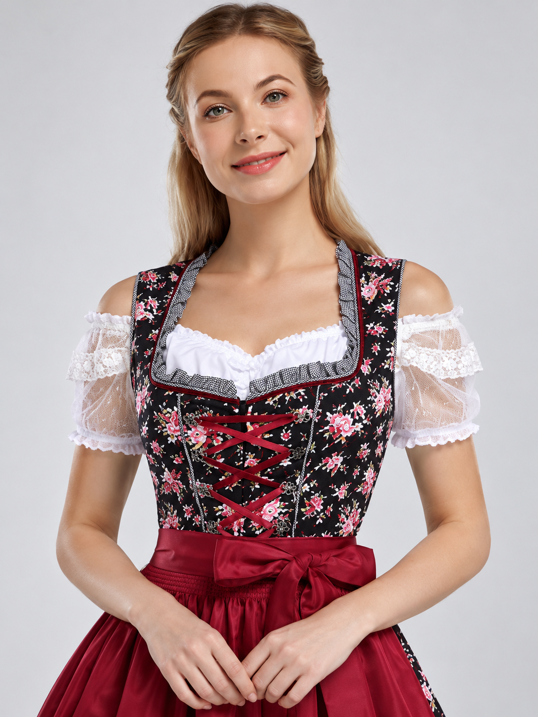 Oktoberfest-Style Dress with Red Apron and Lace