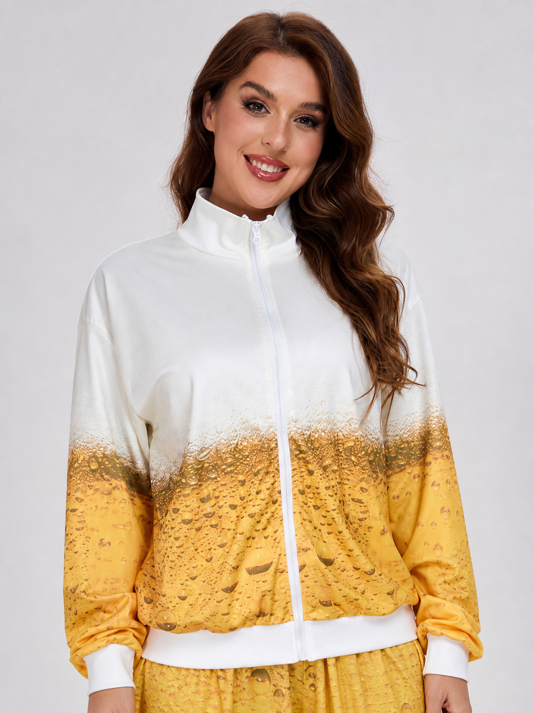 The costume consists of a jacket and long pants made in a matching design. The set features a white-and-yellow color scheme with a distinctive gradient insert: the upper part of the jacket is white, while the lower part gradually transition