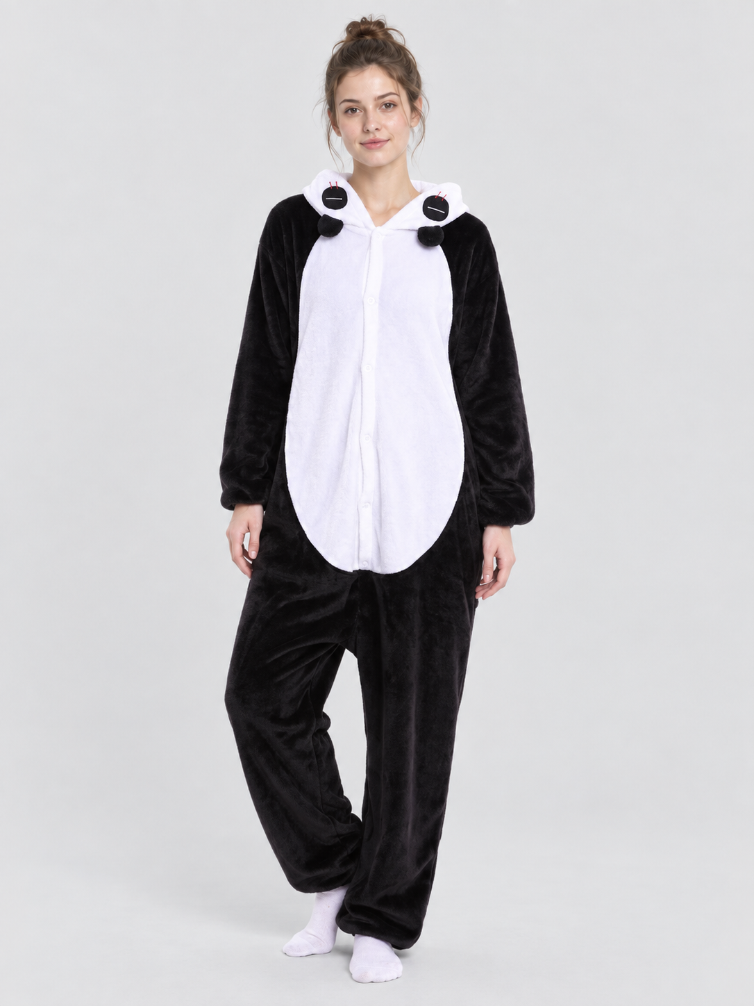 Black and White Fleece Kigurumi Pajama with Hood and Tail