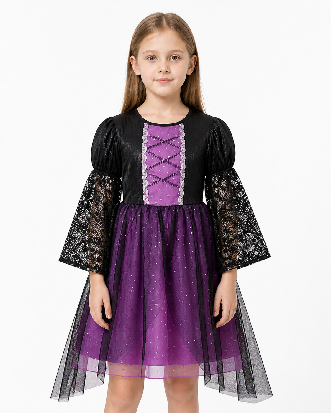 Black and Purple Carnival Dress with Lace Sleeves Costume Dresses detail 3