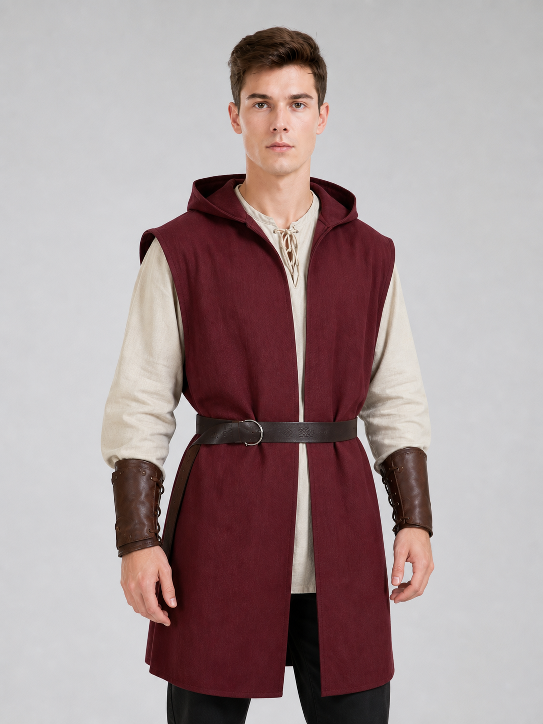 Adult Medieval Fantasy Hooded Cape, Wine Red Sleeveless Long Split-Hem Cloak