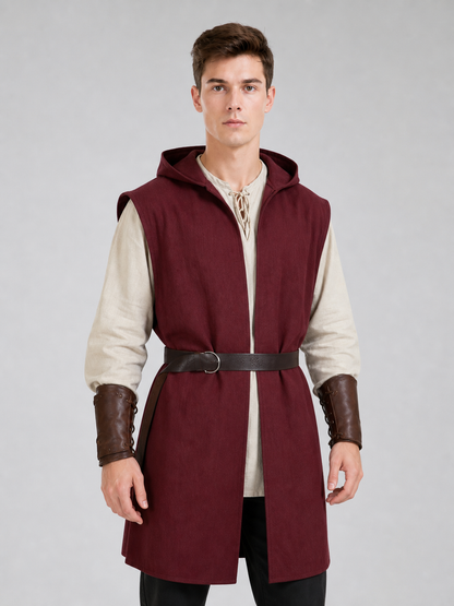 Adult Medieval Fantasy Hooded Cape, Wine Red Sleeveless Long Split-Hem Cloak