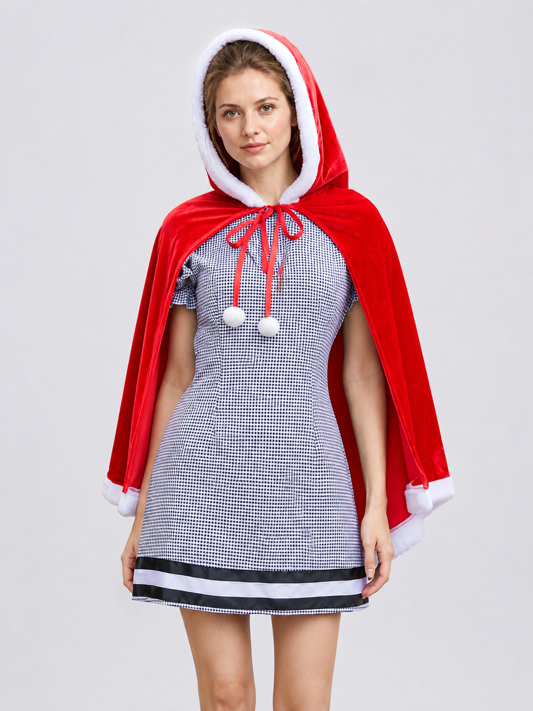Red Plaid Dress with Hooded Cape