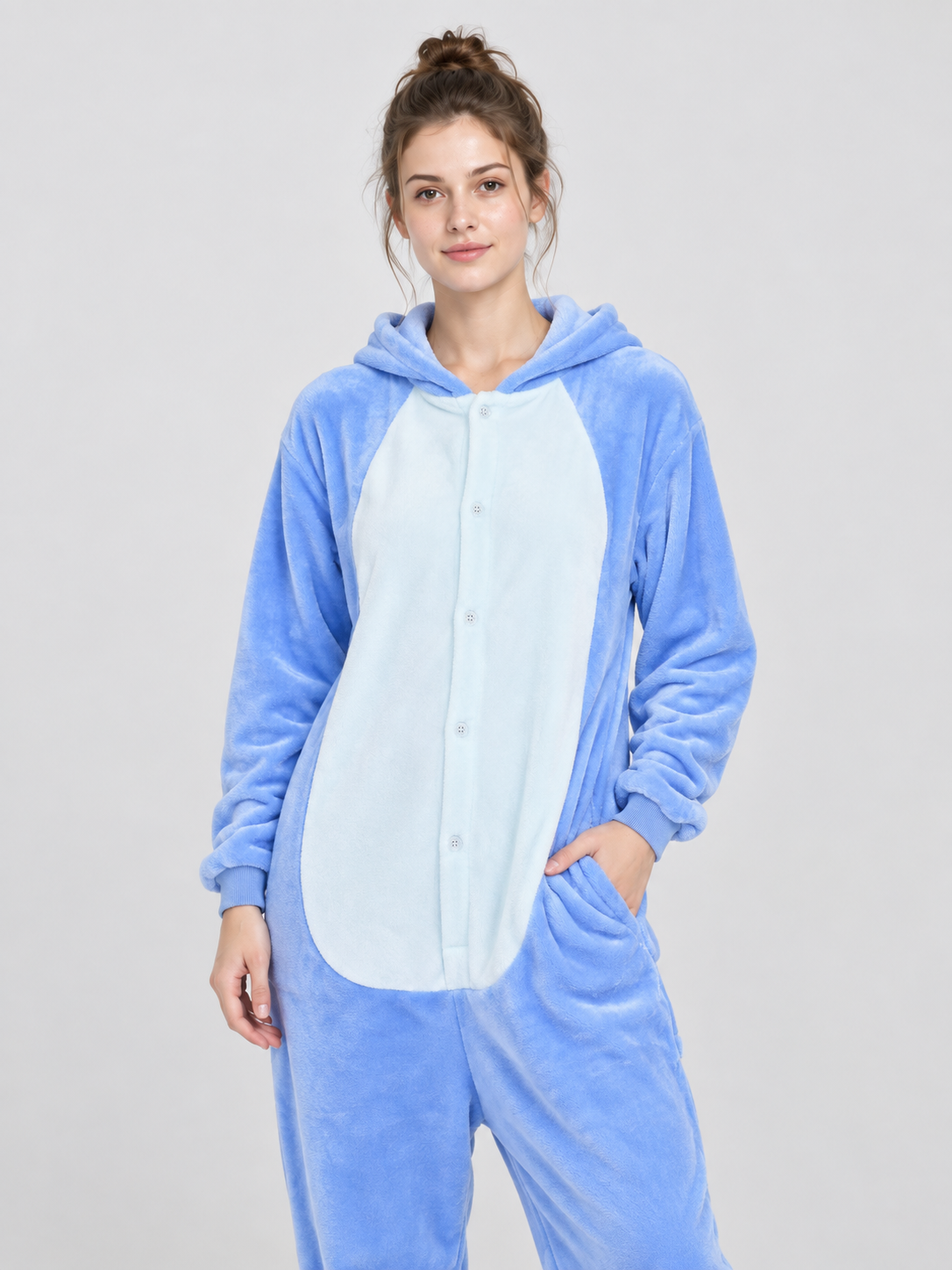 Blue hooded pajama jumpsuit with snap buttons