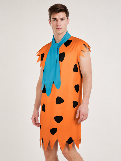 Orange Dress with Black Spots and Blue Accessory upper body view 2