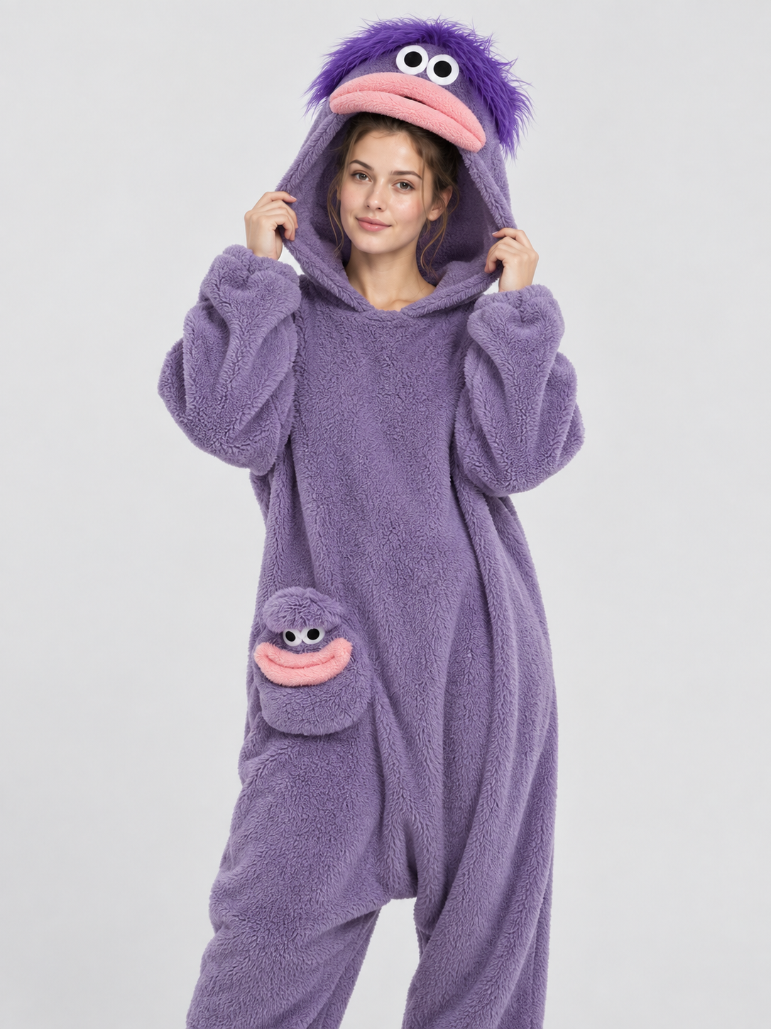Purple Plush Cartoon Face Pajama Jumpsuit