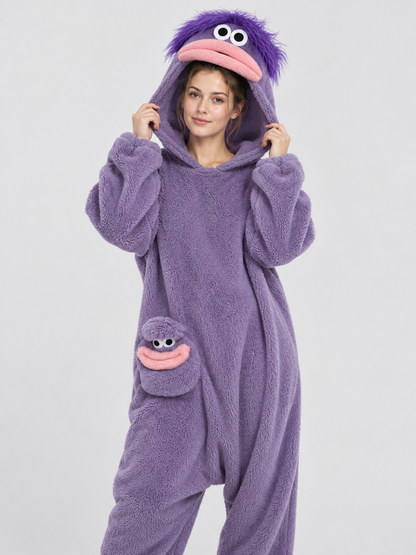 Purple Plush Cartoon Face Pajama Jumpsuit