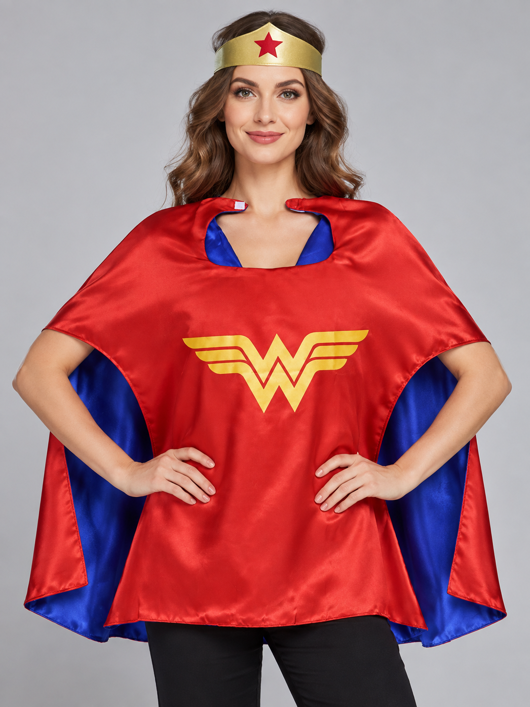Adult superhero cape, red, with gold tiara