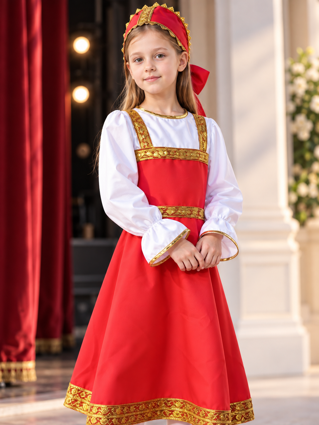 gold red russian folk-style long-sleeve costume dress with headwear product image 6