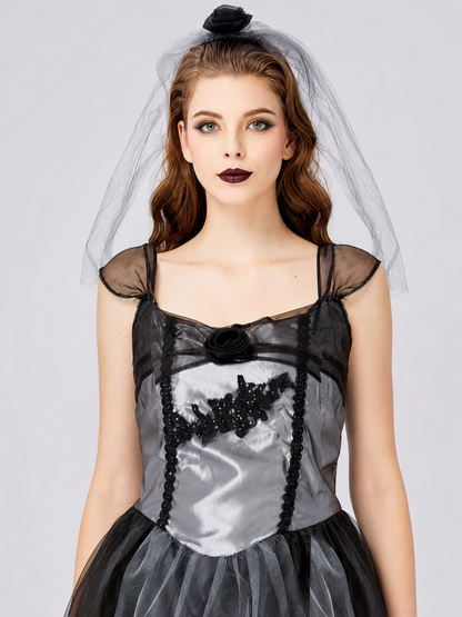 Long Gothic Gray-and-Black Dress with a Rose