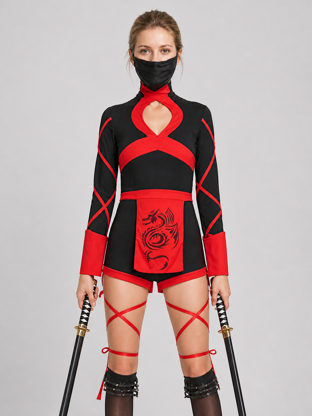 Ninja Cosplay Costume with Mask, Black and Red Costume Masks detail 3