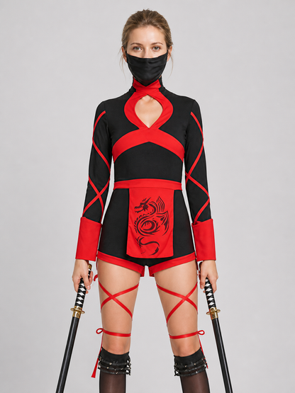 Ninja Cosplay Costume with Mask, Black and Red Costume Masks detail 3