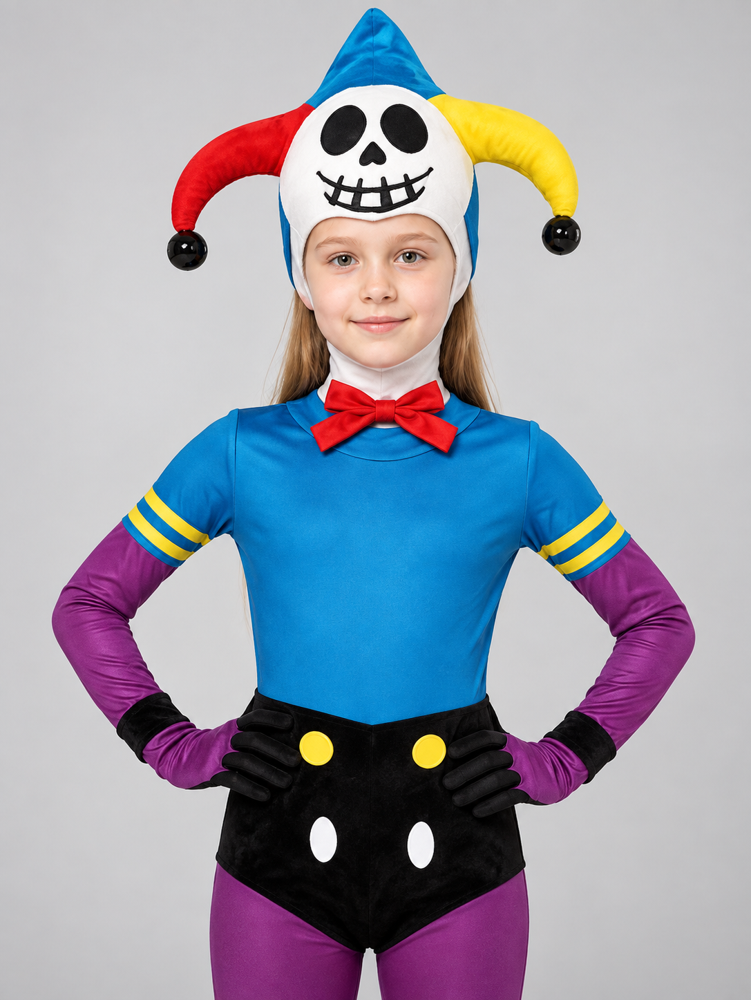 Clown carnival costume with skull mask and bow