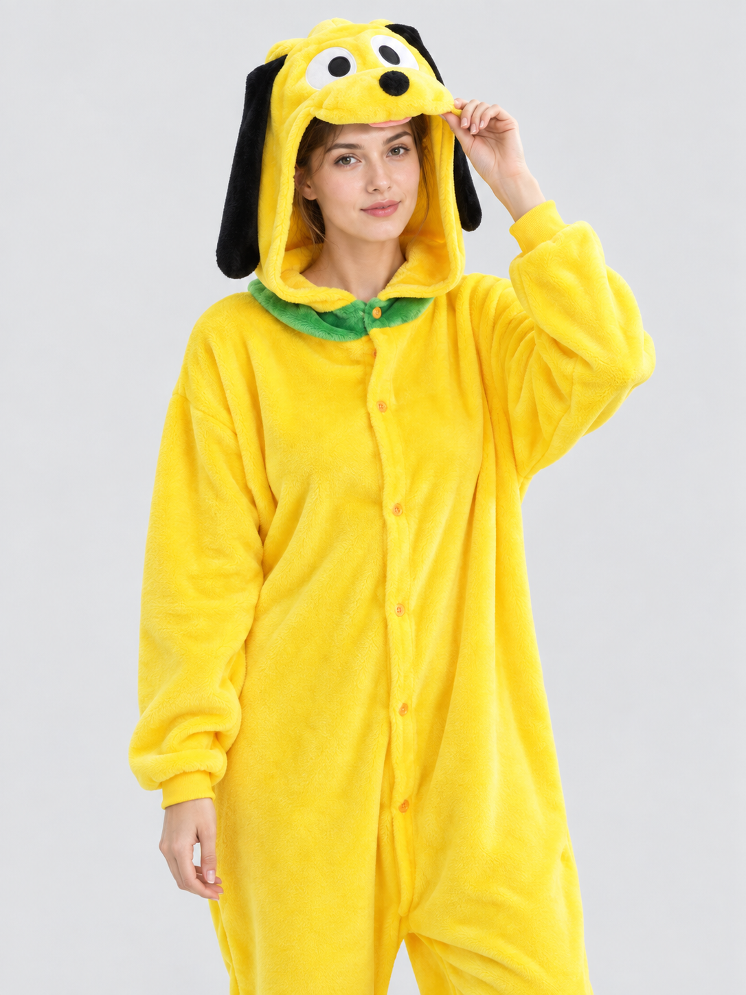 Yellow Flannel Kigurumi with Hood and Hanging Ears
