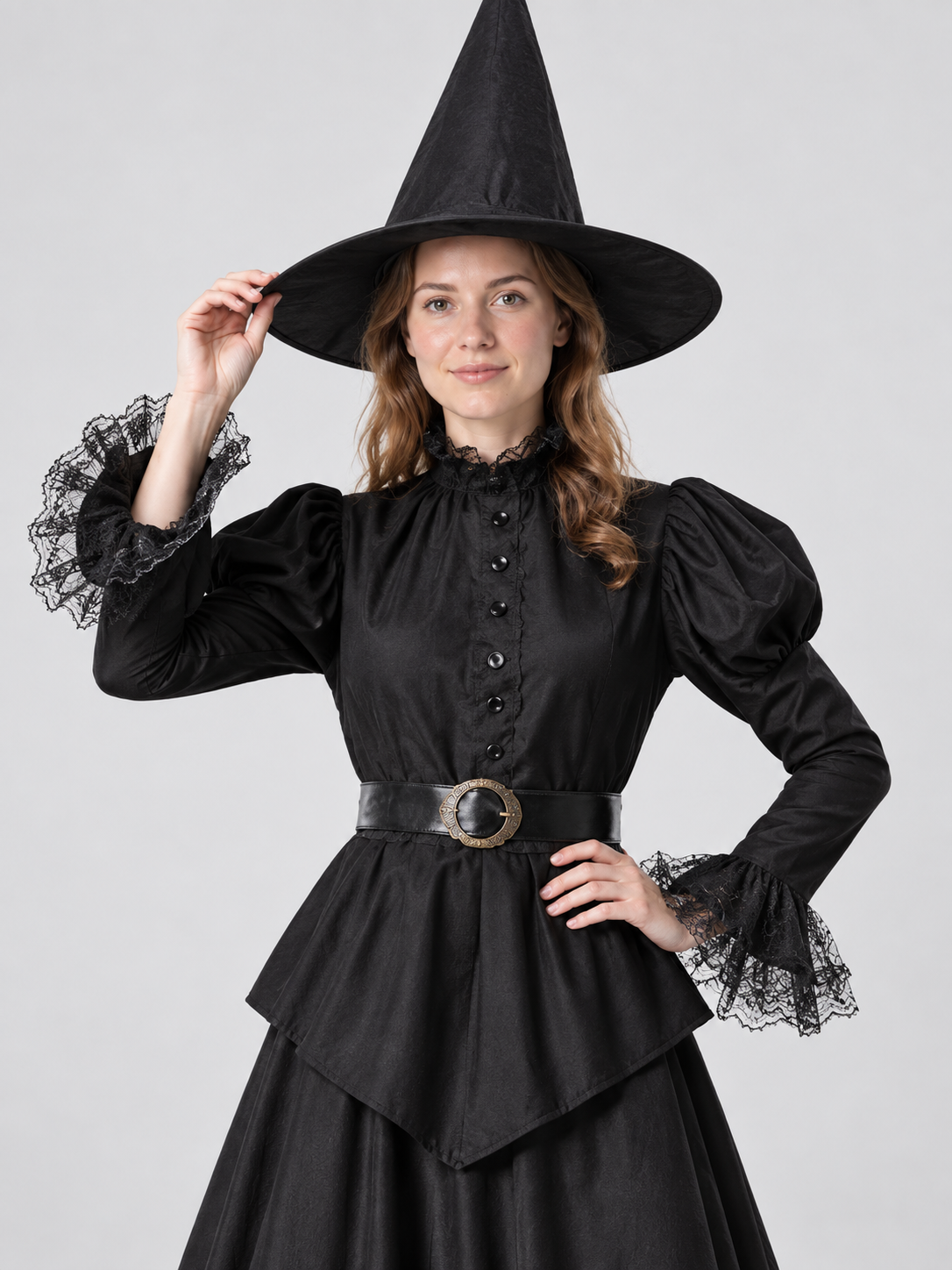 Witch Costume: Long Black Lace Dress, Hat, Belt