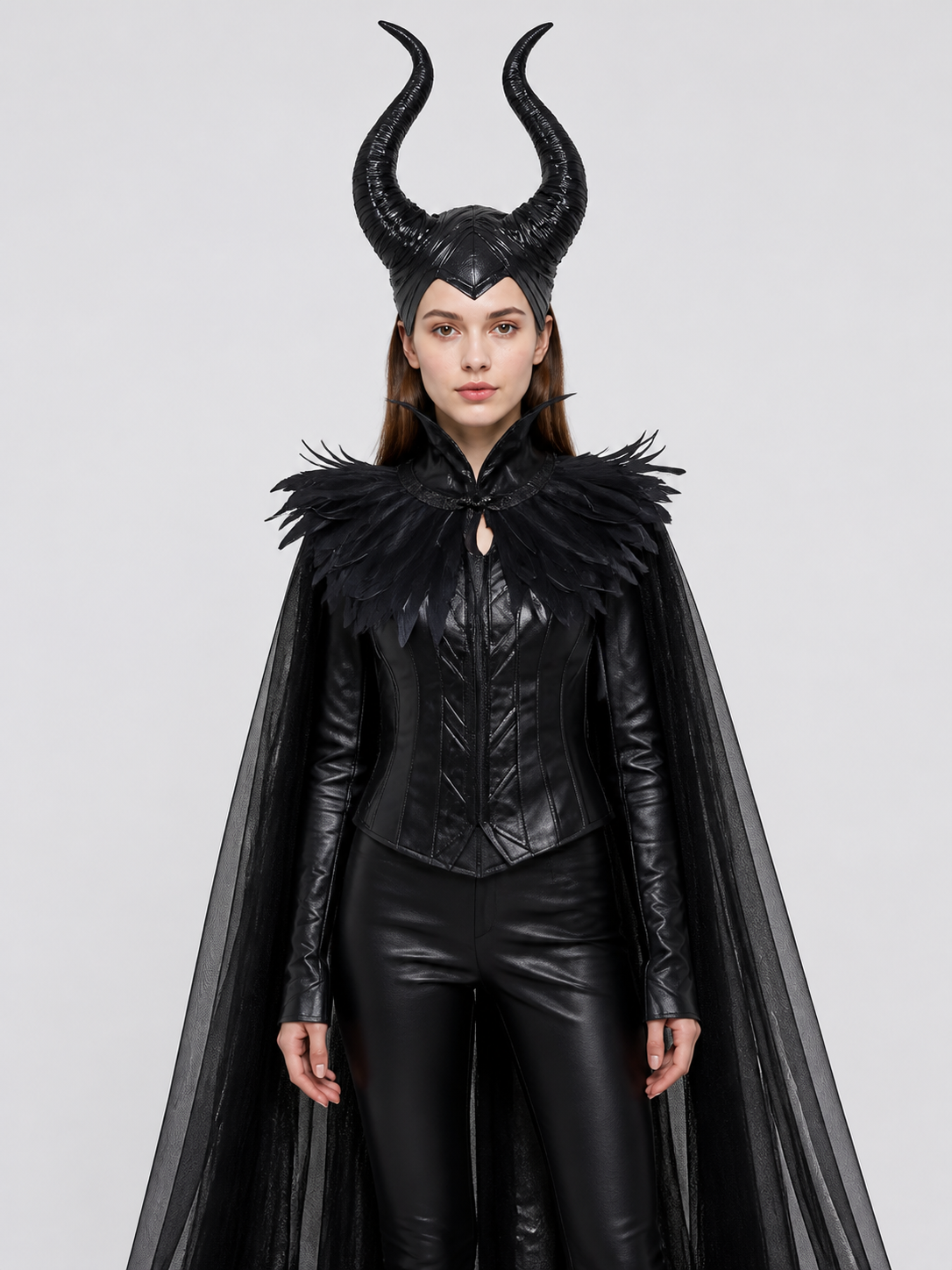 Gothic Set: Black Horned Cape with Feathers