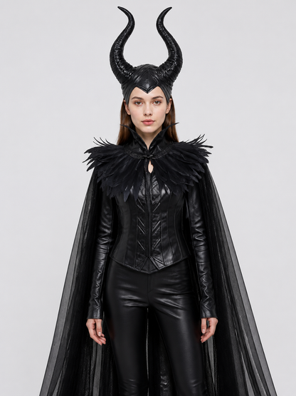 Gothic Set: Black Horned Cape with Feathers