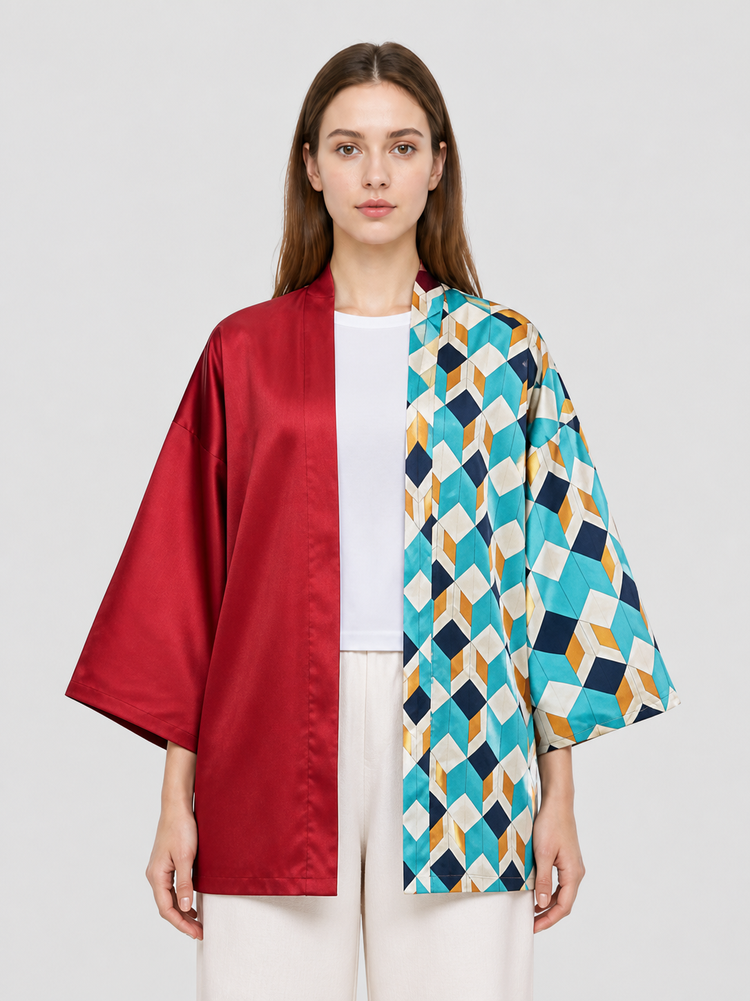 Cloak with Geometric Print and Contrasting Colors