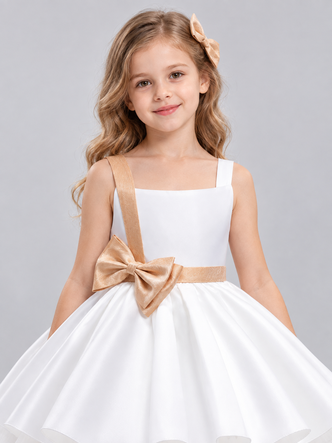 White Girls' Party Dress with Gold Bow