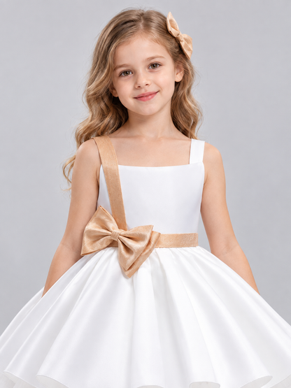 White Girls' Party Dress with Gold Bow