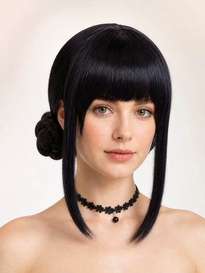 Black cosplay wig with two buns and bangs Costume Wigs detail 2