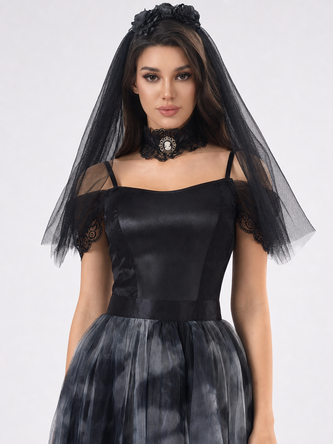 Gothic Black Dress with Veil for Cosplay