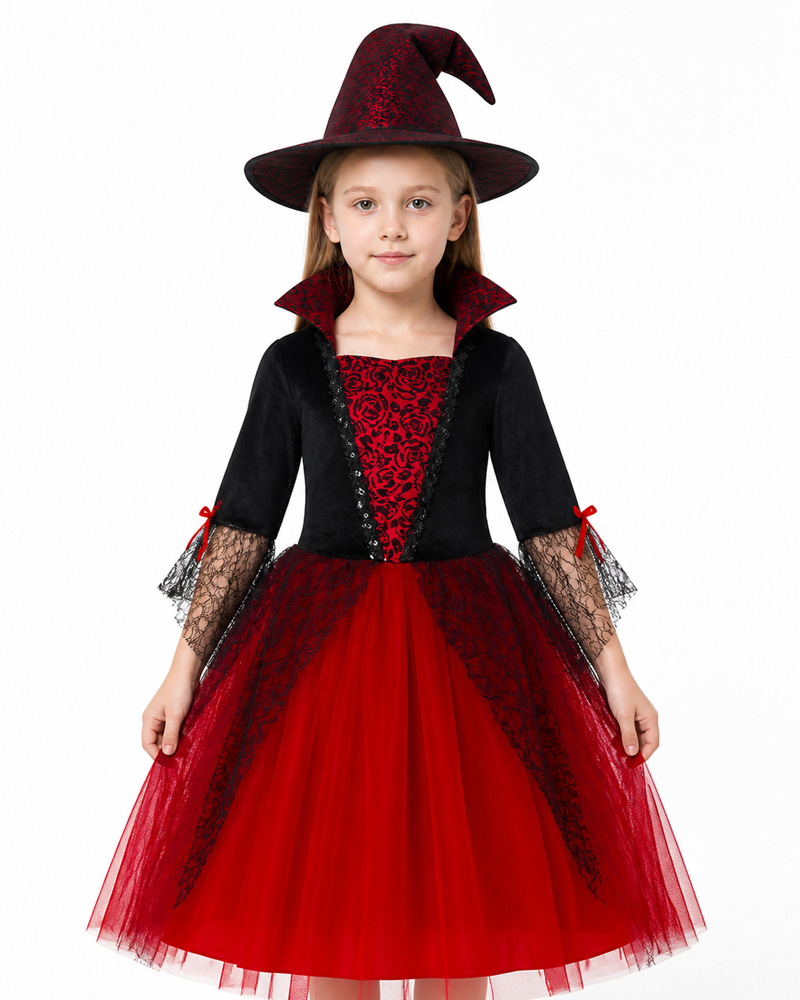 Red and Black Witch Costume with Dress and Hat Costume Dresses detail 3