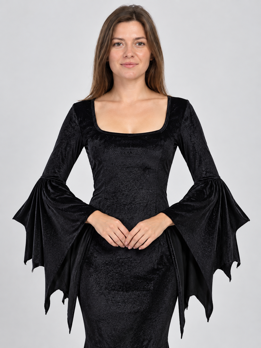 Black godet carnival dress made of stretch velvet