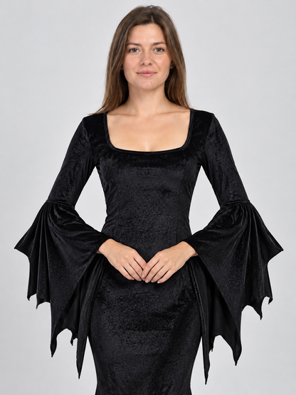 Black godet carnival dress made of stretch velvet