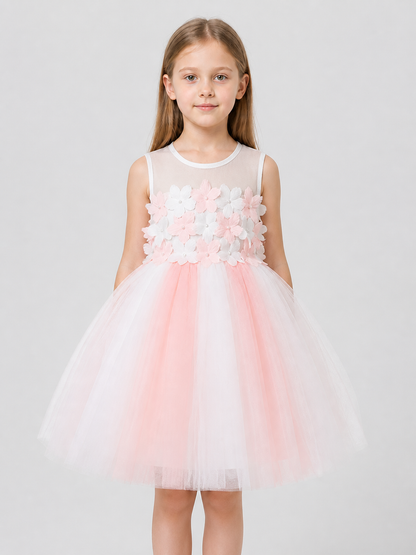 Pink and White Tulle Tutu Dress for Girls with Flowers