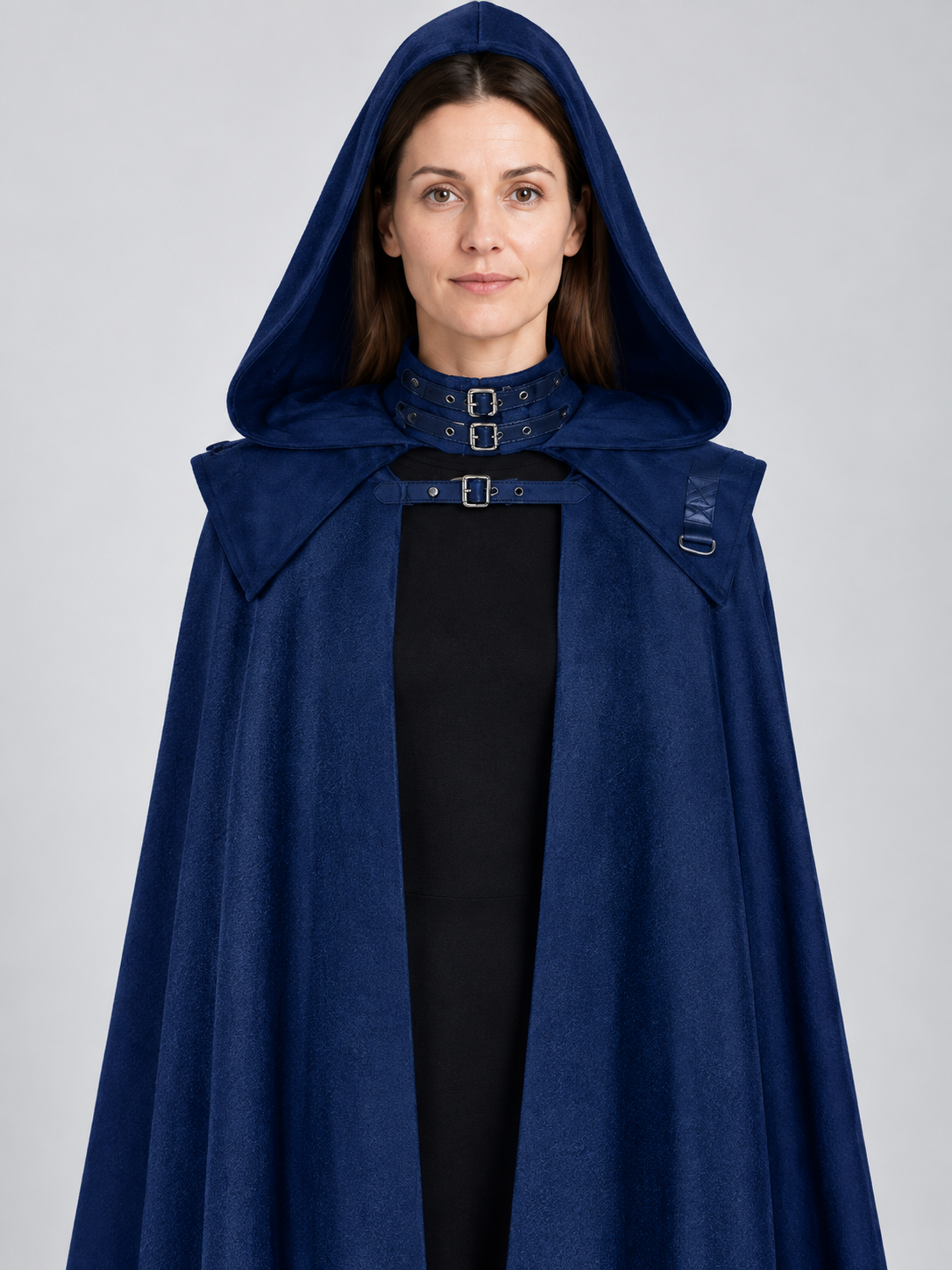 Long Hooded Cloak Cape with Buckles, Dark Blue