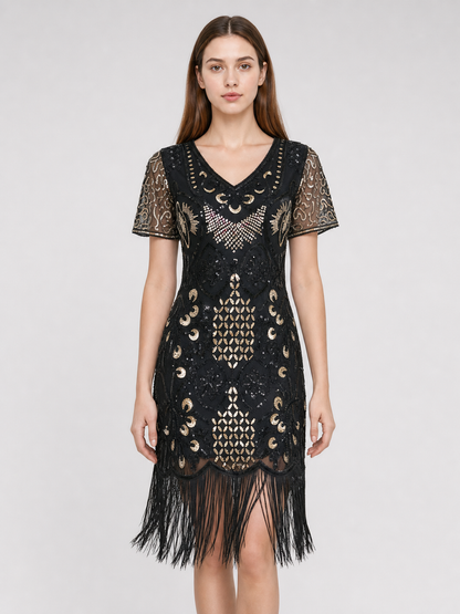 1920s Retro-Style Dress with Fringe and Sequins