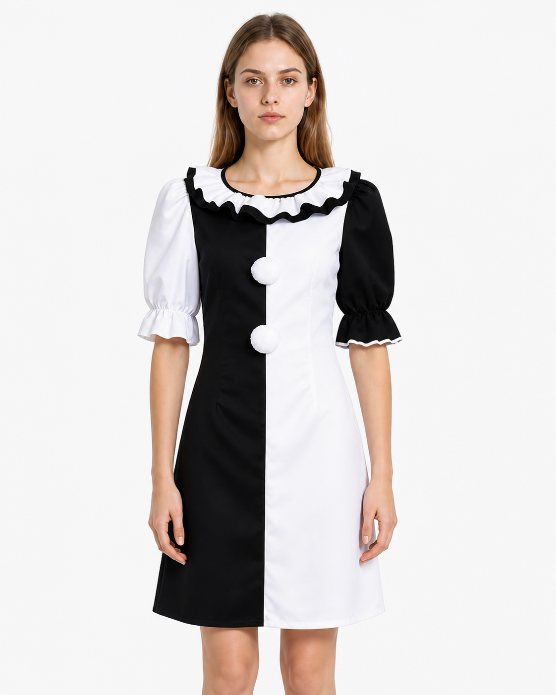 Short Black-and-White Clown Dress with Ruffles Costume Dresses detail 3