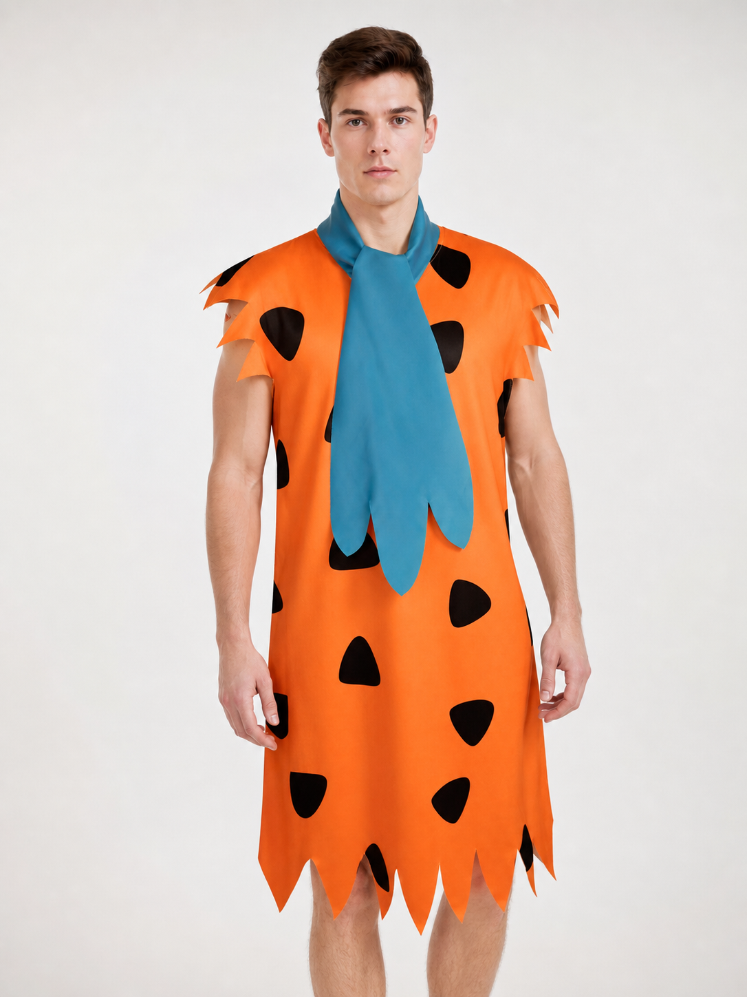 Orange Dress with Black Spots and Blue Accessory upper body view 3