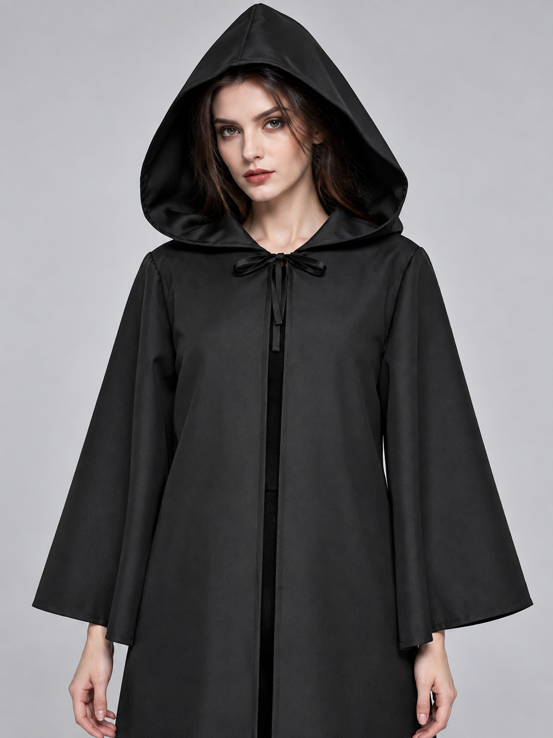 Carnival Cape with Hood Black Long Tie-Front