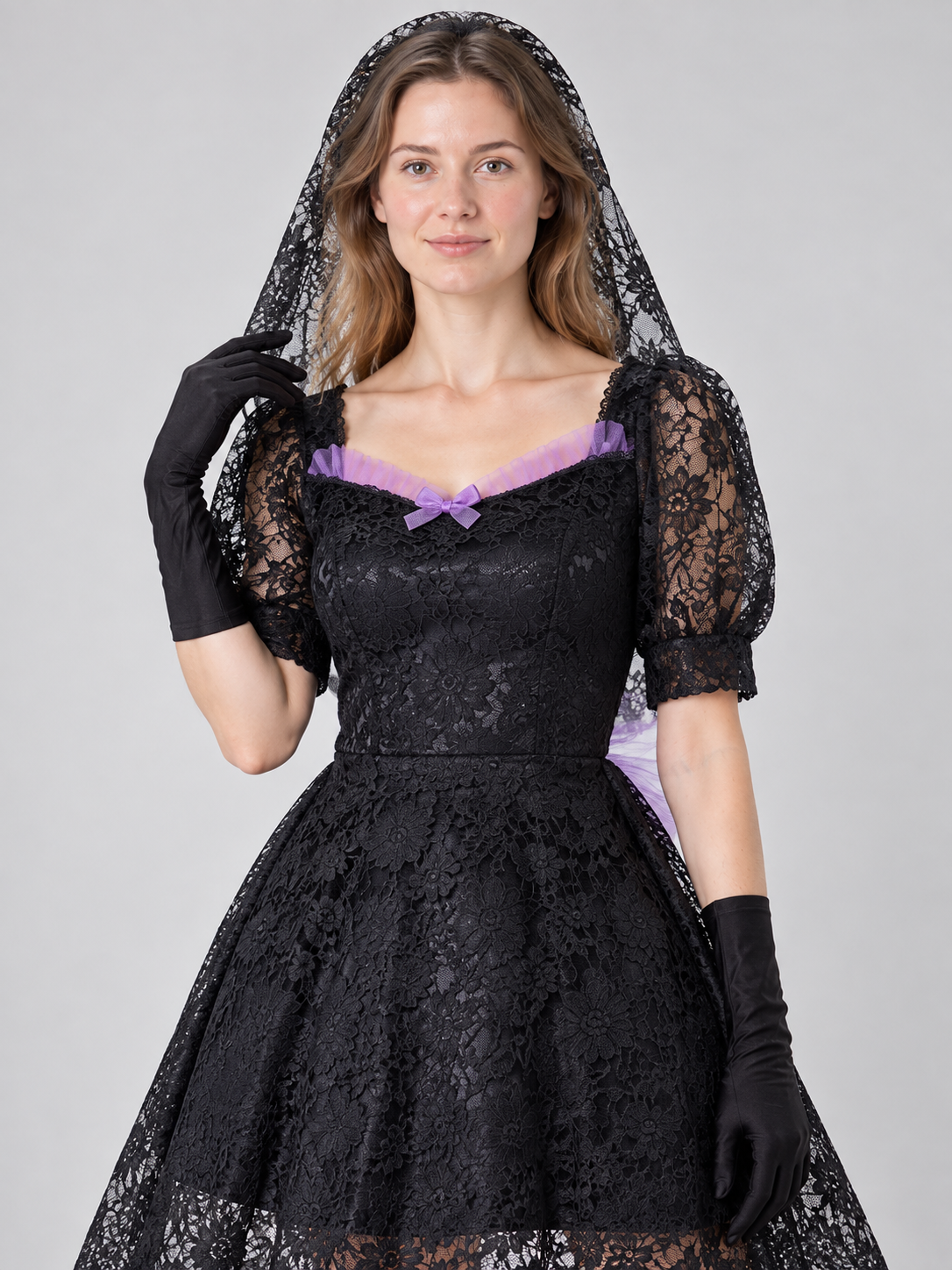 Gothic-Style Carnival Costume with Veil and Gloves