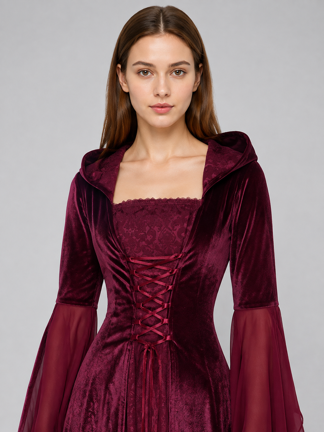 Burgundy costume dress in a medieval style with a hood Costume Dresses detail 2