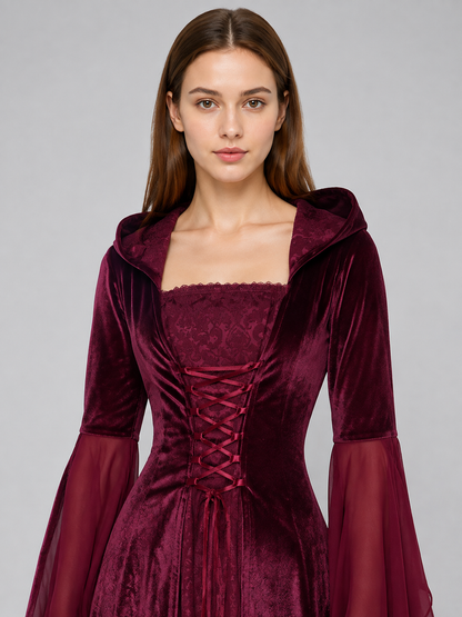Burgundy costume dress in a medieval style with a hood Costume Dresses detail 2